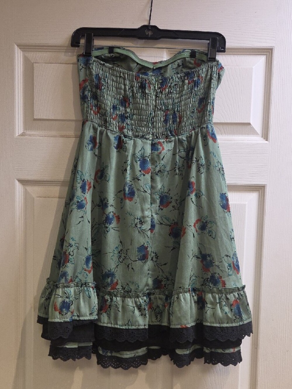 Free People Strapless Floral Mini Dress in Sage with Blue & Red Floral Accents - Picture 4 of 4